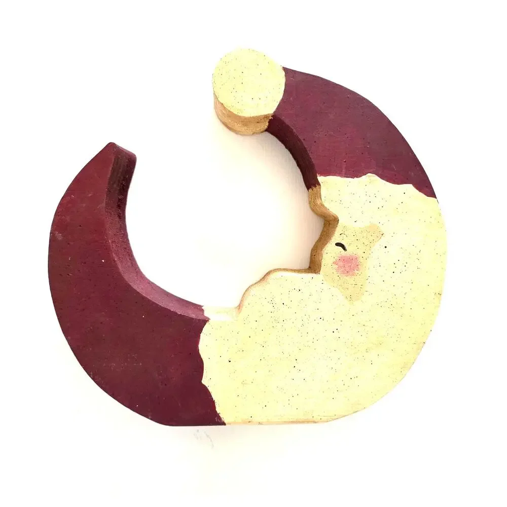 VTG Homemade Wooden Double Sided Moon Santa Face Rustic Primitive Celestial XMas